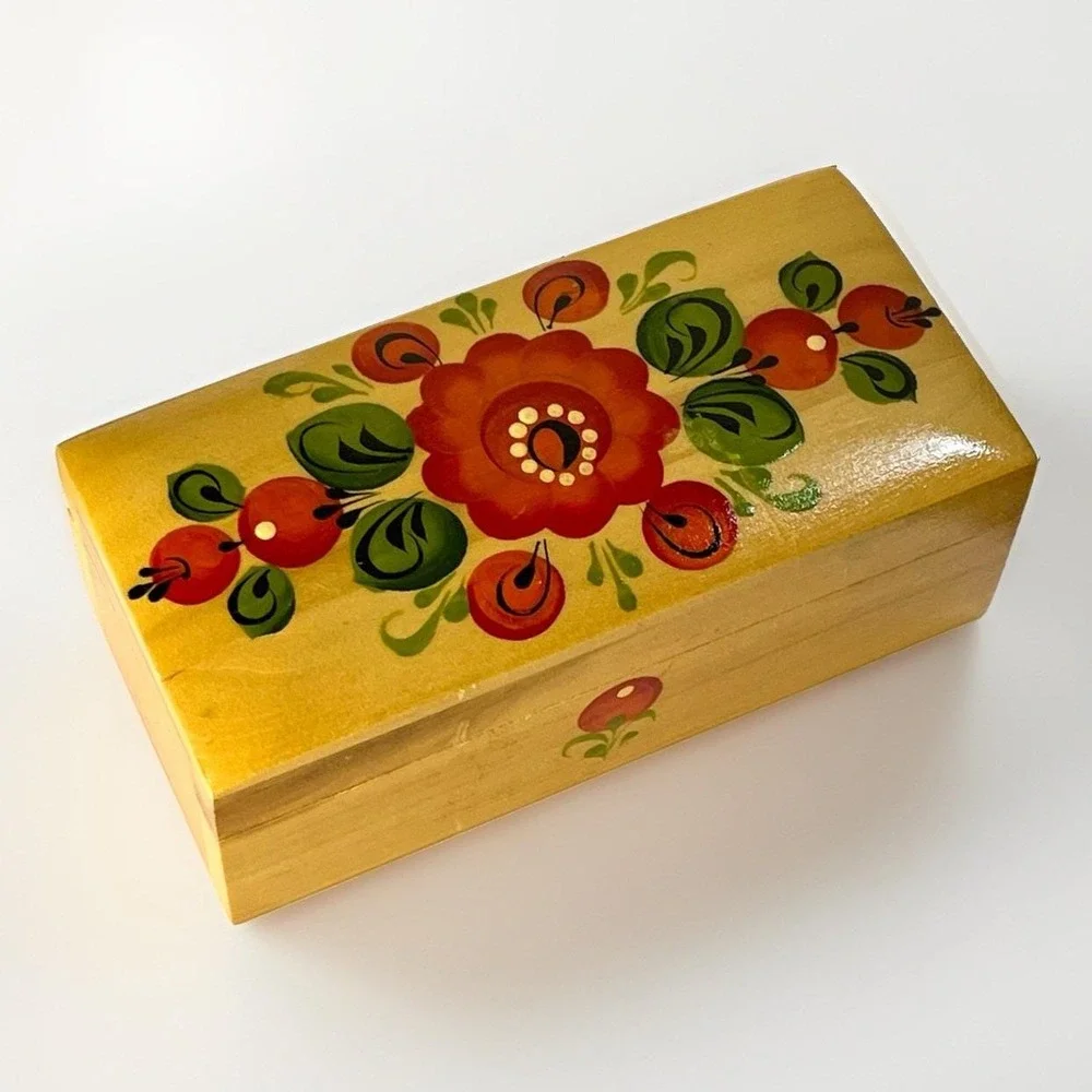 Vintage Russian Folk Art Wooden Box Hand Painted Floral
